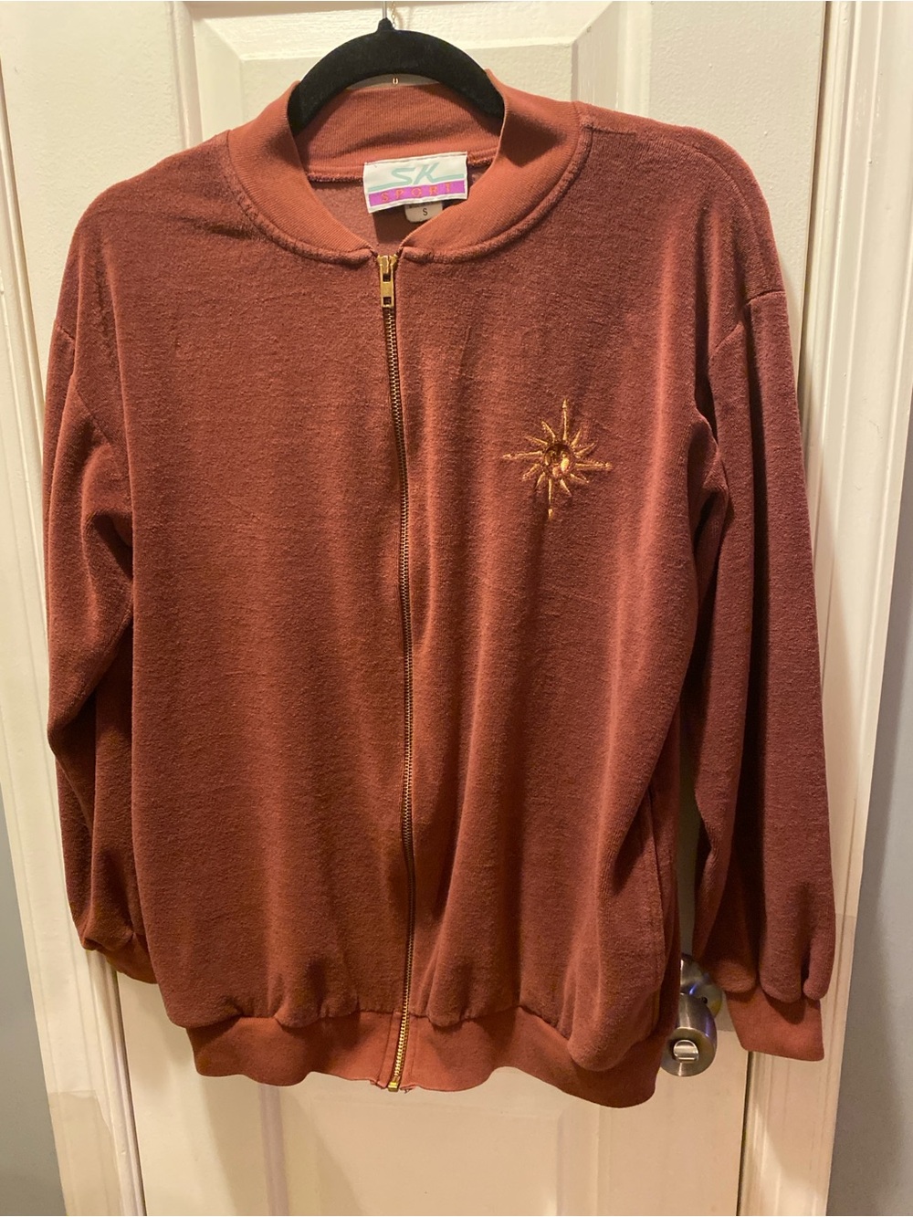 Beautiful Vintage Rust Zip-Up velour Jacket with Sunburst Embroidery